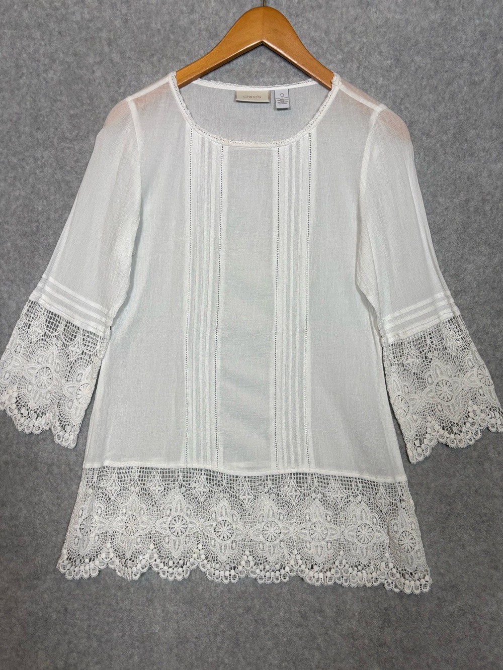 Chico's 3/4 Sleeves Cotton Crochet Lace Trim Top-White-Women 0/US Size Small